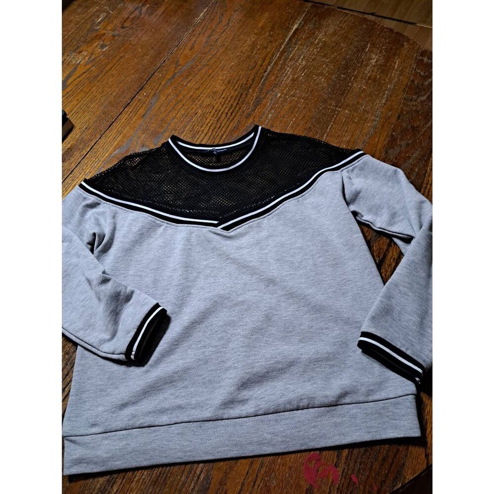 Small One Clothing Grey Black White Mesh Shoulder Long Sleeve Pullover Shirt Top